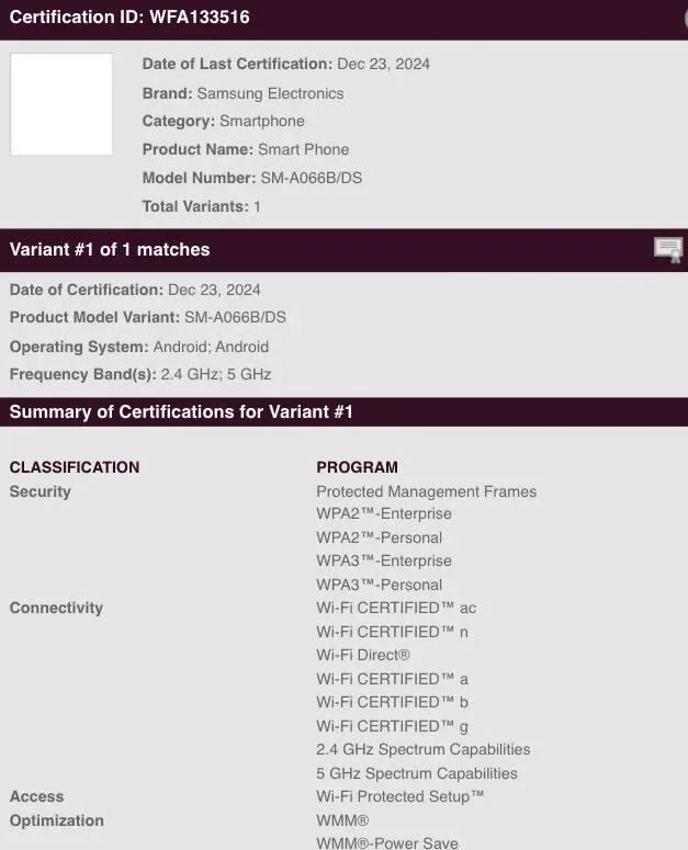 Galaxy A06 5G Wi-Fi Alliance Certification