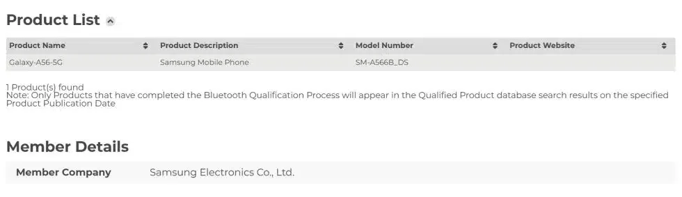 Samsung Galaxy A56 Bluetooth certification