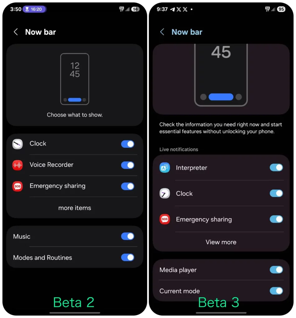 One UI 7 Now Bar from Beta1 & 2 (left) and Beta 3 (Right)