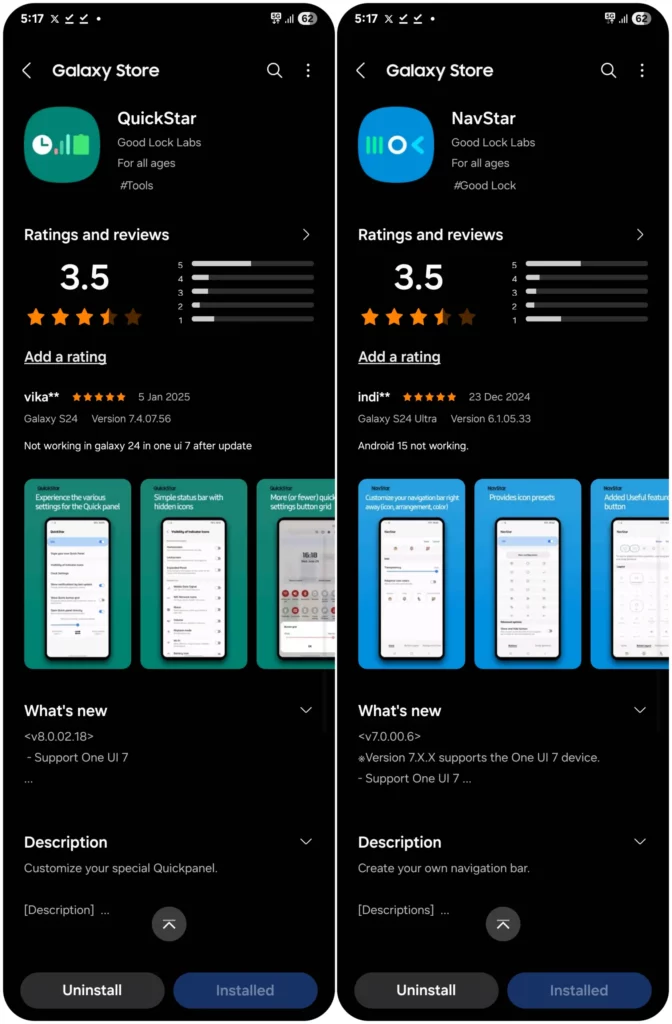 Good Lock QuickStar and NavStar One UI 7 Support