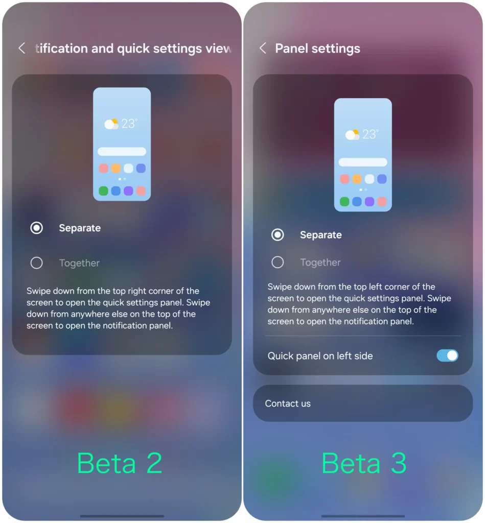 One UI 7 Quick Panel Settings: Beta 2(Left) vs Beta 3(Right)