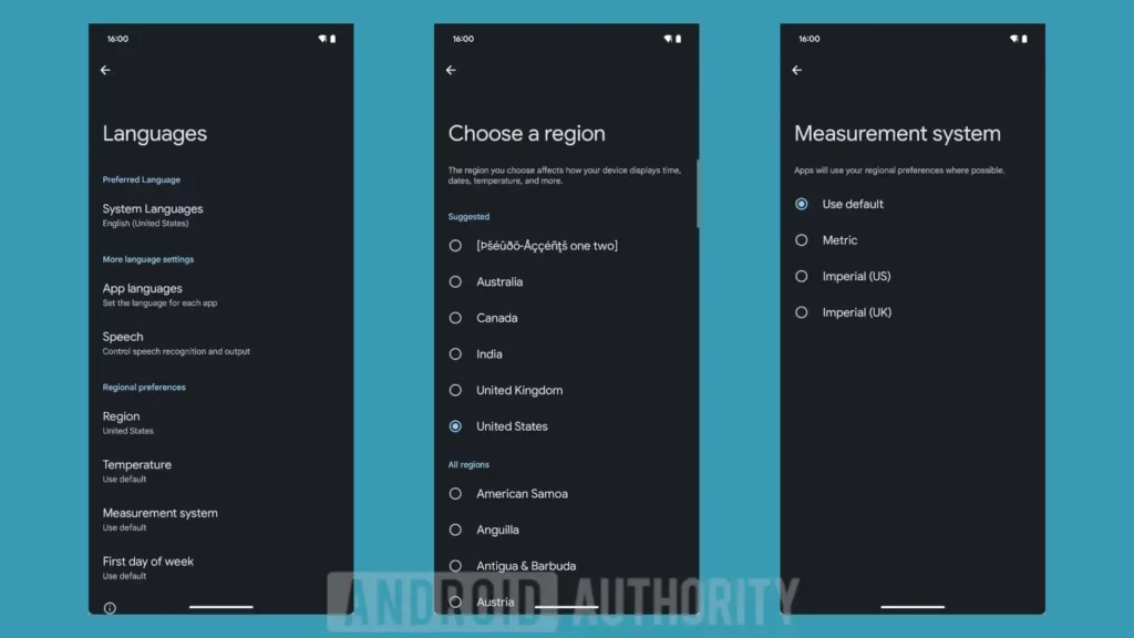 Android 16's region and preferred measurement system