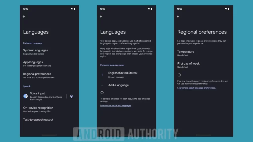 Android 16's current language and regional preference settings