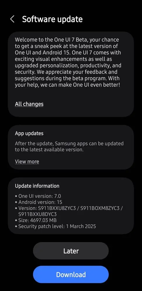 Galaxy S23 one UI 7 Beta