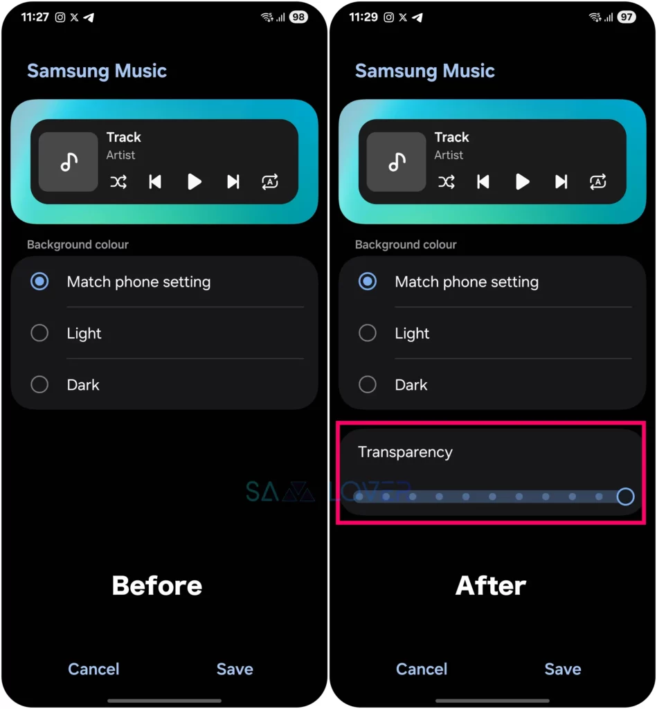 Samsung Music App Widget Transparency Feature