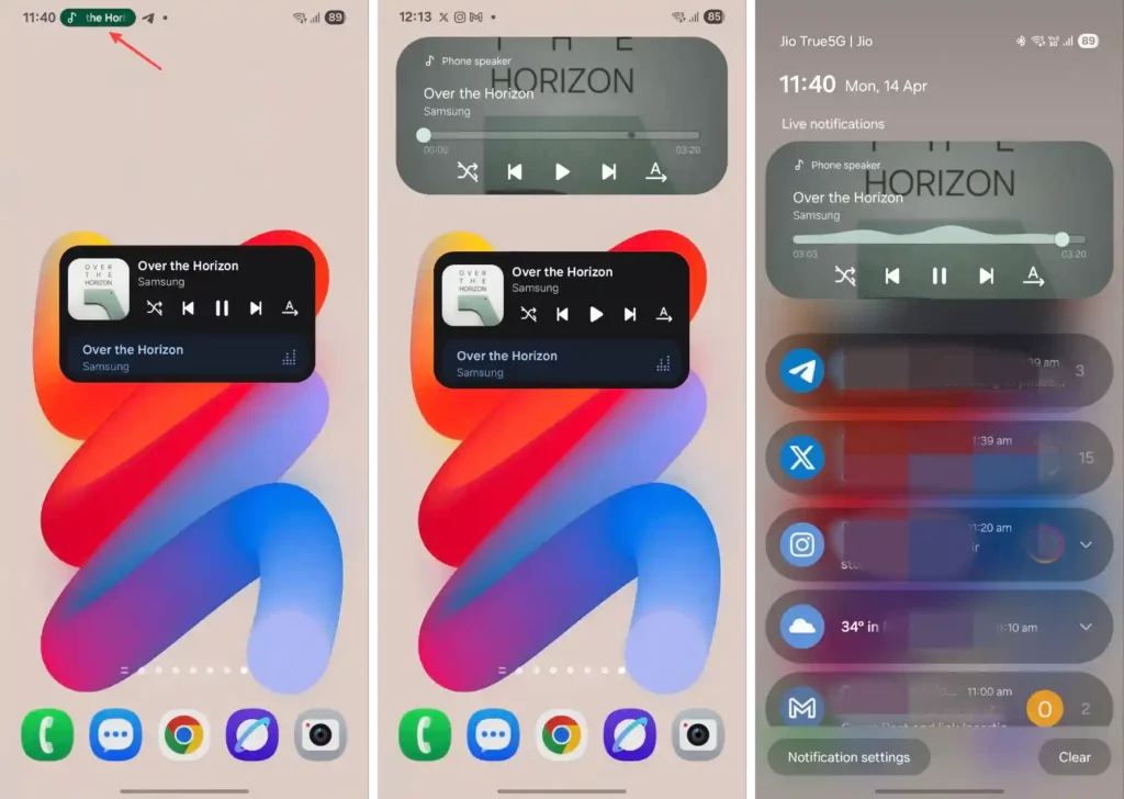 One UI 7 Music widget in status bar and notification panel
