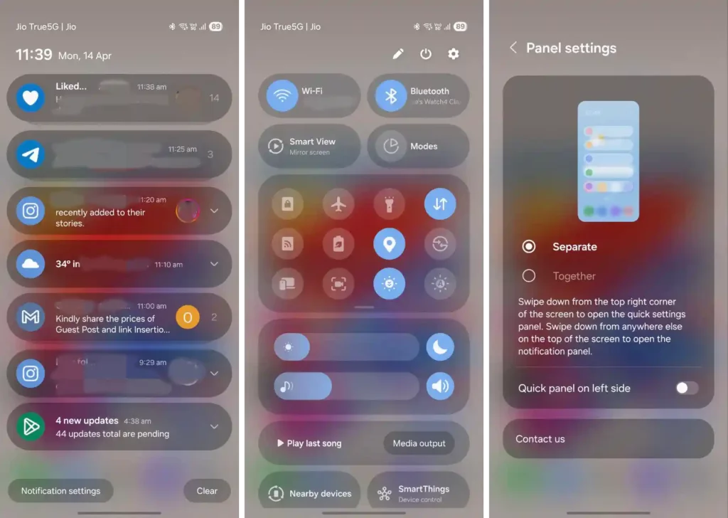One UI 7 Notification and Quick Settings Panel