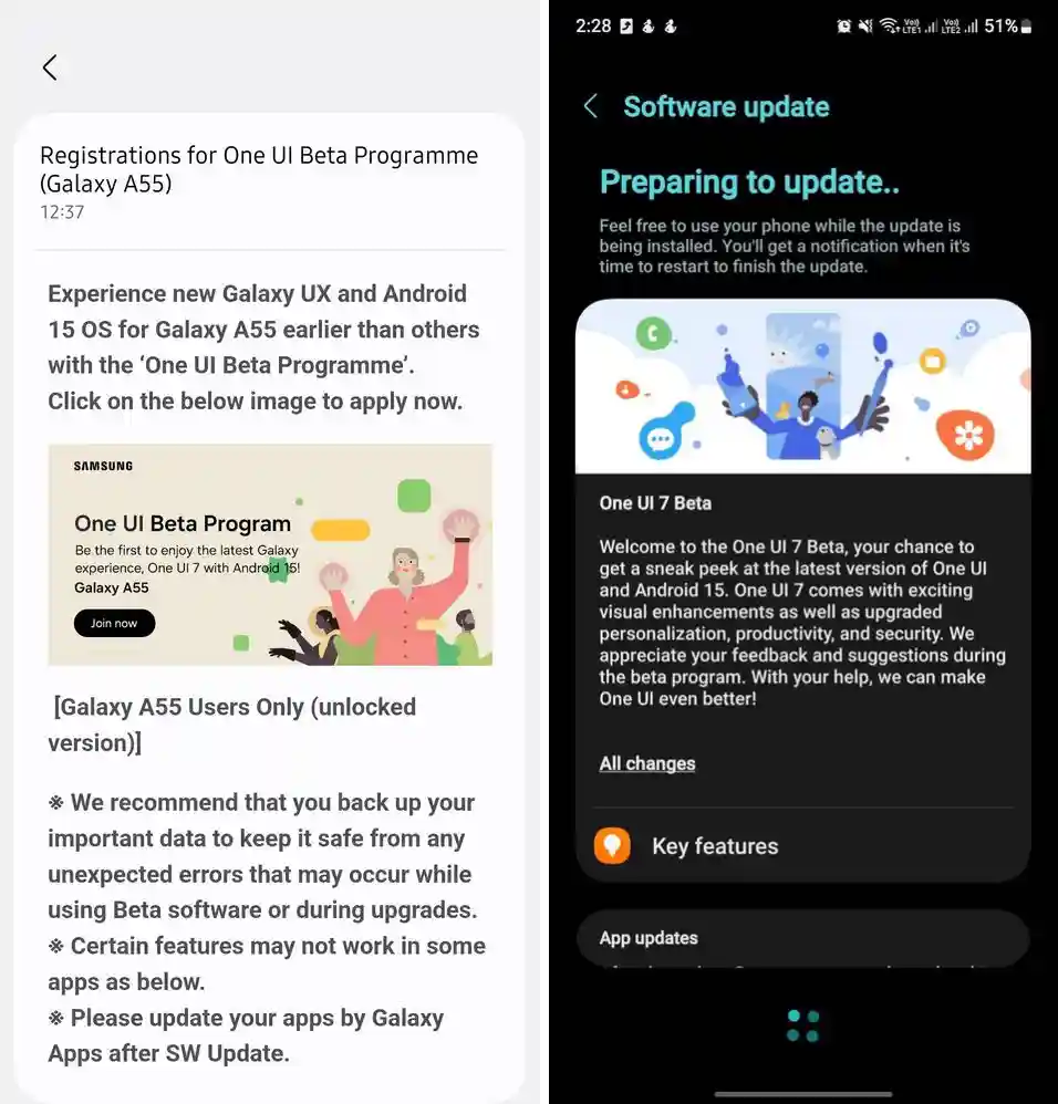 Galaxy A55 One UI 7 Beta update India