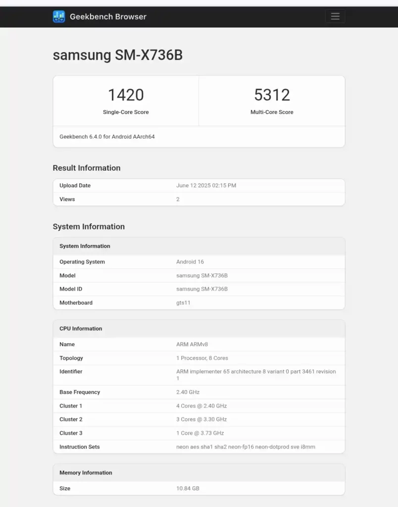 Galaxy Tab S11 Ultra Geekbench Screenshot