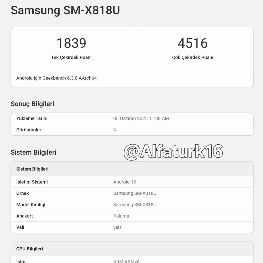 Galaxy Tab S9 Plus Geekbench Andorid 16