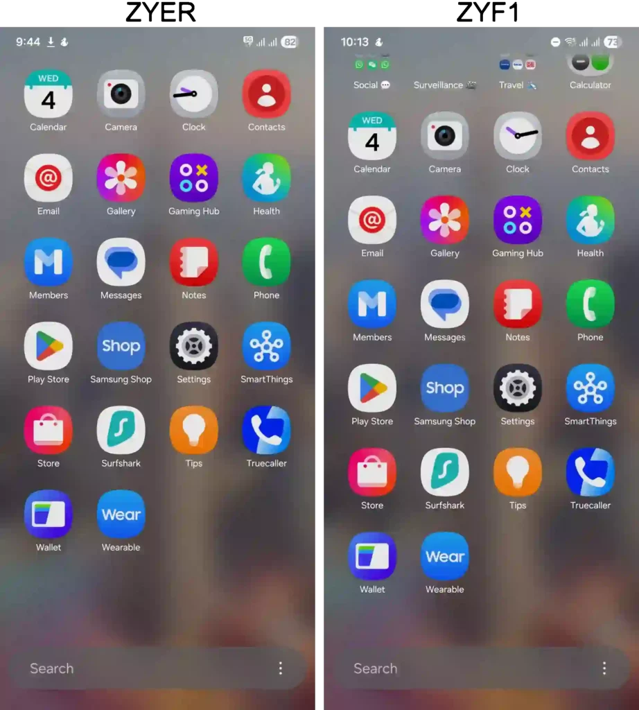 One UI 8 Beta ZYER vs ZYF1 App drawer