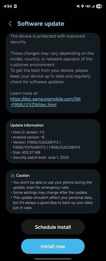 Unlocked Galaxy Z Fold6 june patch screenshot