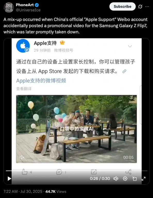 Apple Promote Samsung Galaxy Z Flip 7 on Weibo