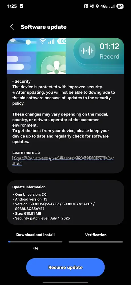 Samsung Galaxy S25 Ultra July 2025 Security update on AT&T US