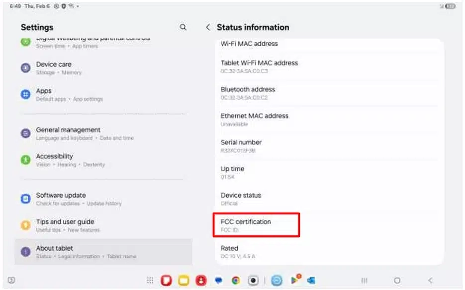 Galaxy Tab S10 Lite FCC certification