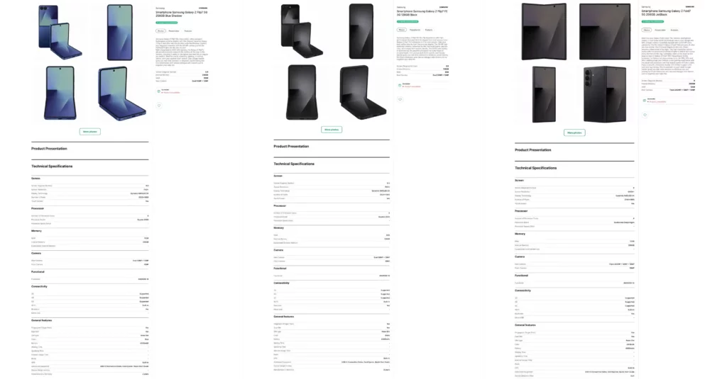 Galaxy Z Flip7, Flip7 FE, Fold7 specifications chart leak