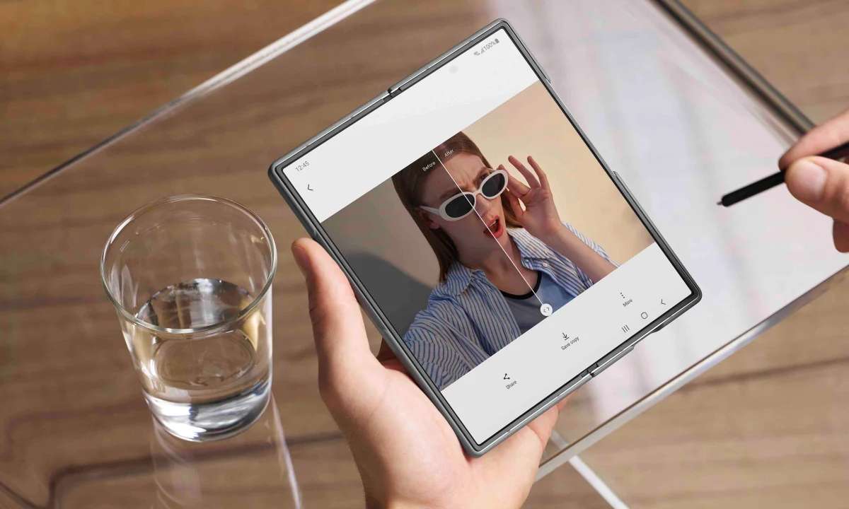 Galaxy Z Fold6 with water glass and s pen