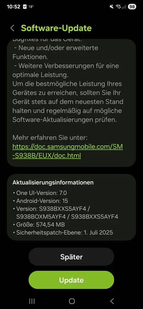 Galaxy S25 July 2025 Update in Europe