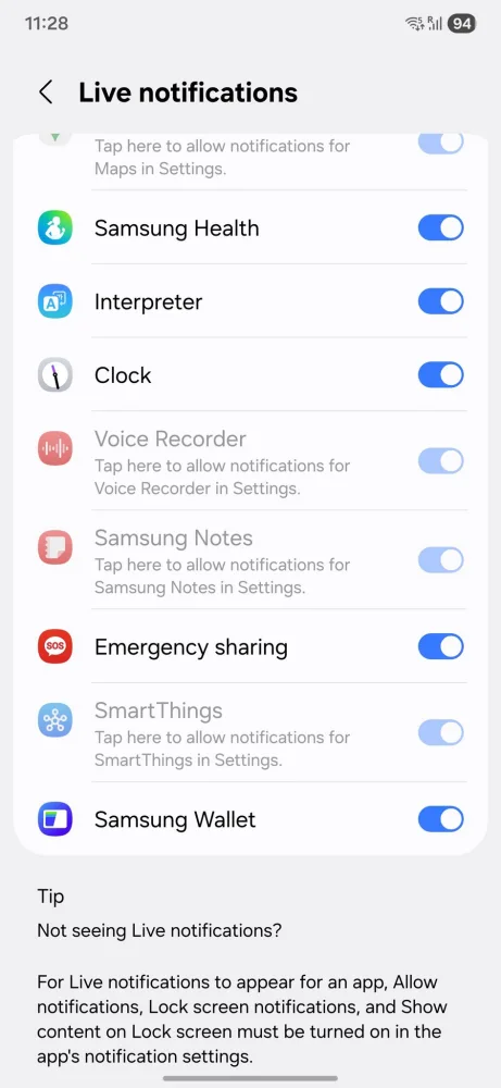 Samsung Wallet added to Live Notifications