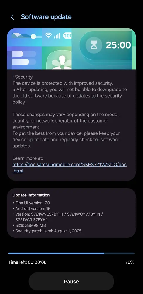 Galaxy S24 FE August 2025 Security update in South Korea
