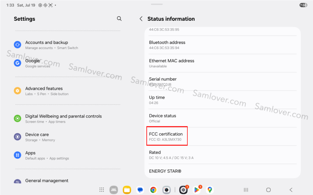 Galaxy Tab S11 Wifi version FCC charging details