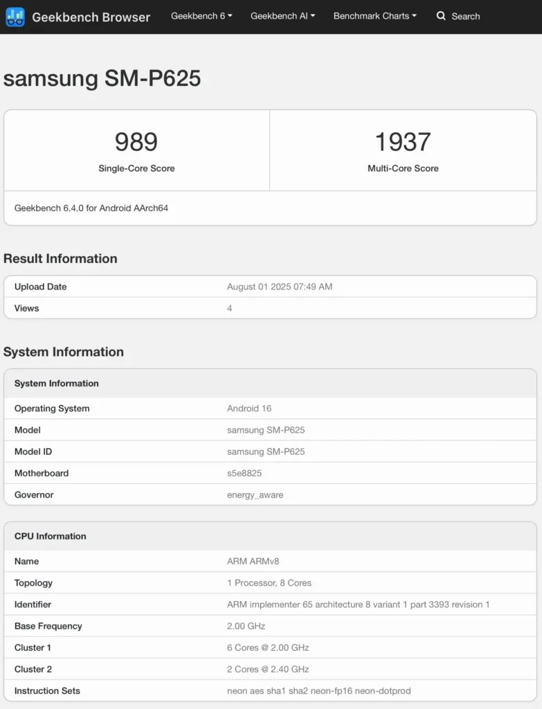 Galaxy Tab S6 Lite Geekbench Score with Android 16