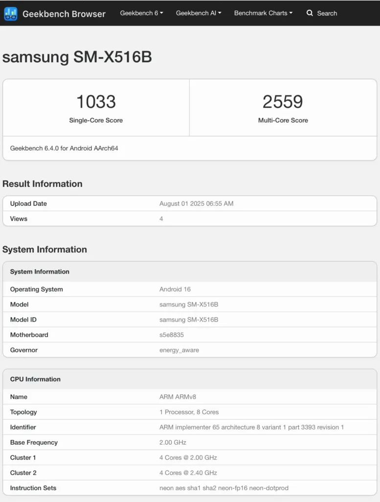 Galaxy Tab S9 FE Geekbench Score with Android 16