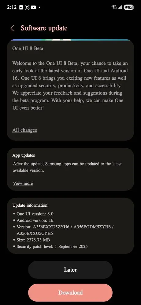 Galaxy A35 One UI 8 Beta screenshot India