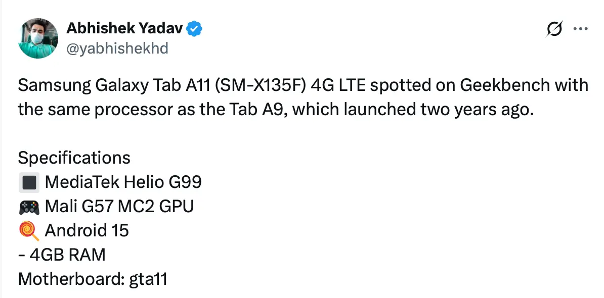 Galaxy Tab A11 Processer Leaked