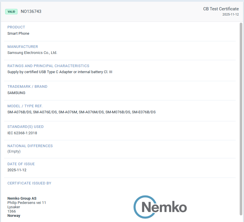 Galaxy A07 5G M07 5G F07 5G Nemko certification