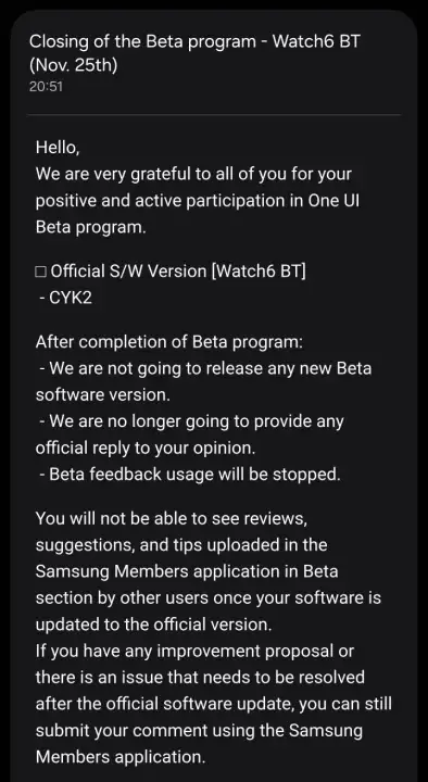 Galaxy Watch 6 BT One UI 8 Watch update screenshot