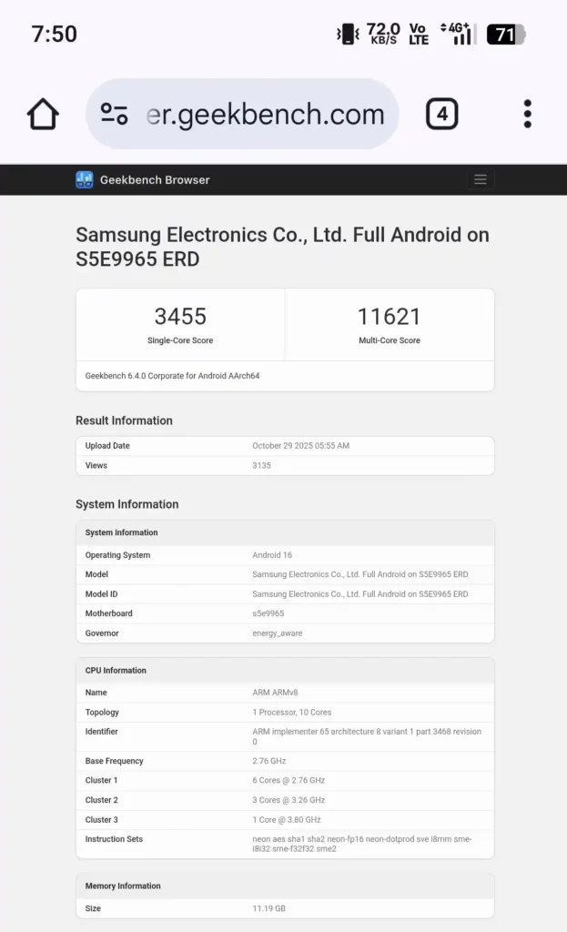 Exynos 2600 Geekbench score