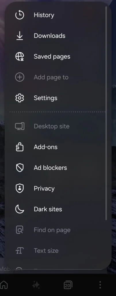 One UI 8.5 Samsung Internet Menu