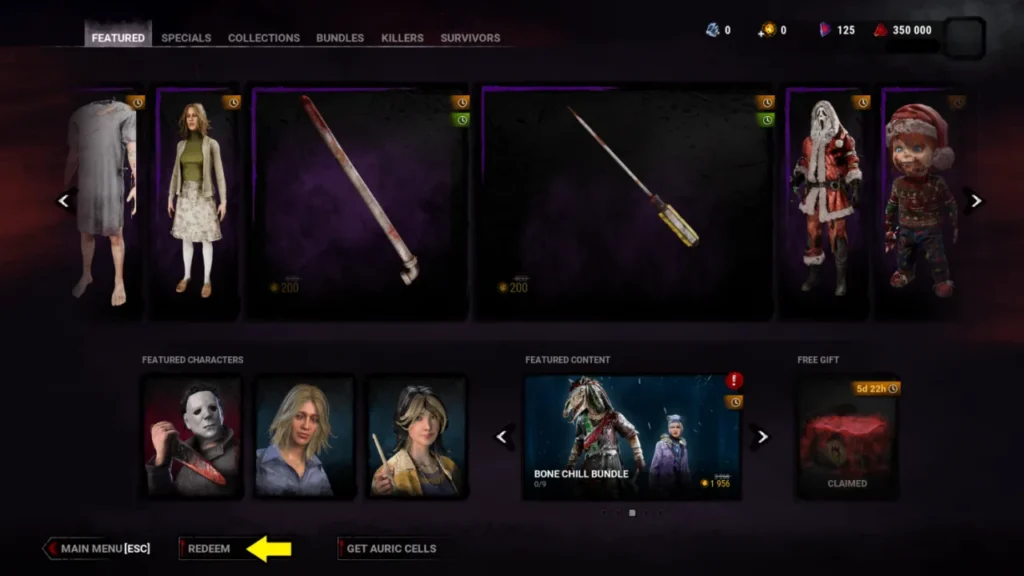 Dead by Daylight redeem codes - Store Featured tab with the Redeem button highlighted