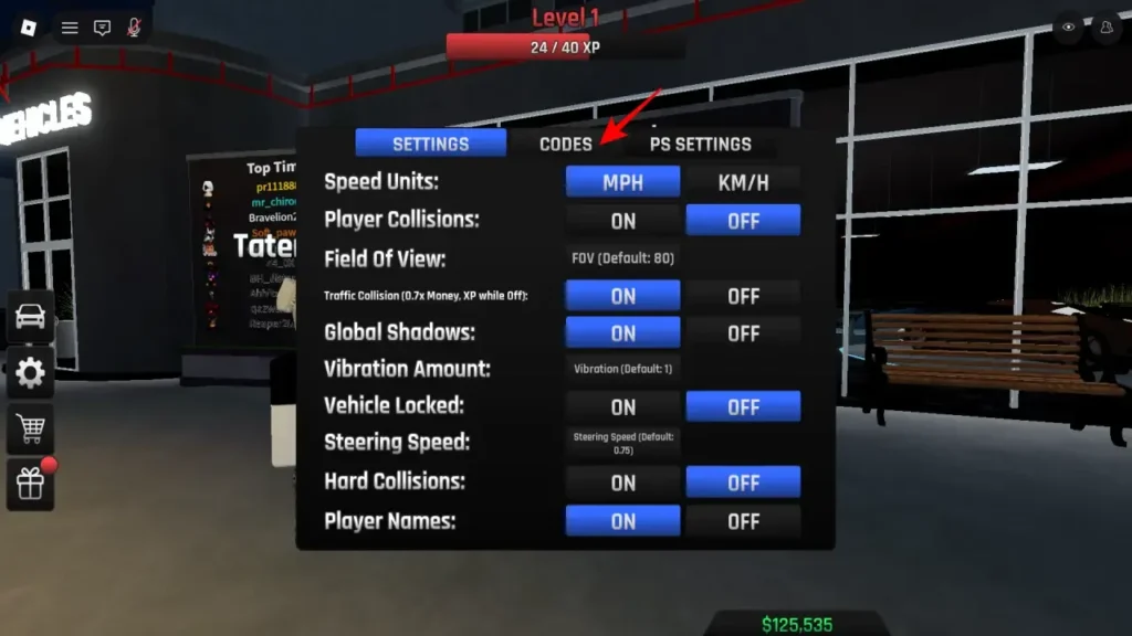 Highway Legends - the Codes tab open after clicking the gear icon in the lobby
