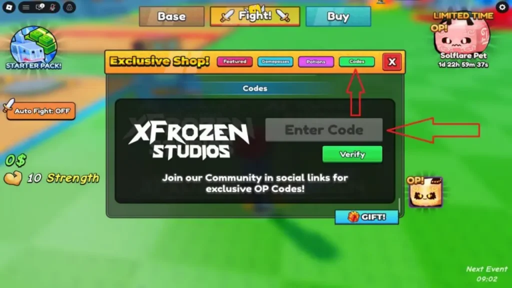 Soccer Training codes - shop menu with the redeem code box open