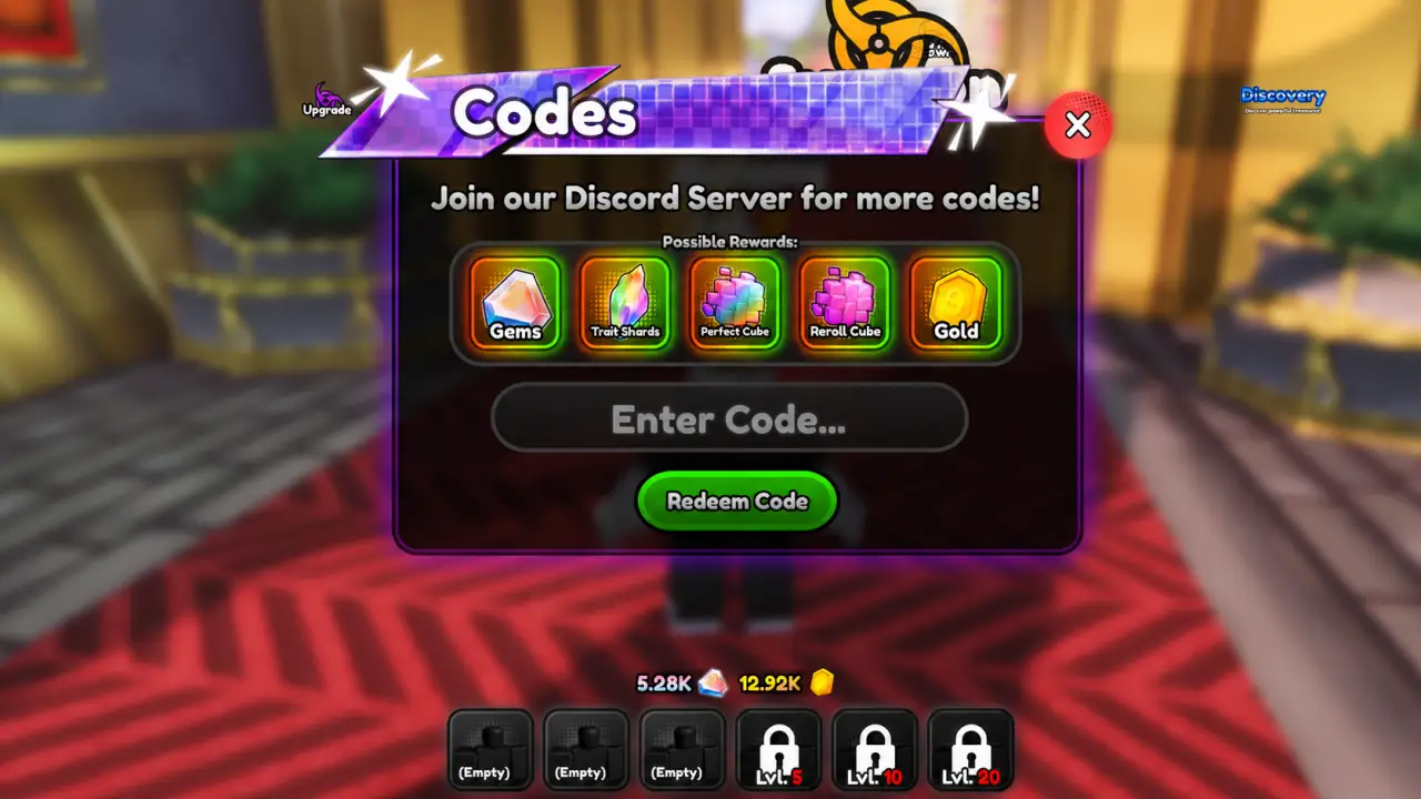 Anime Squadron codes - in-game code redemption menu screen