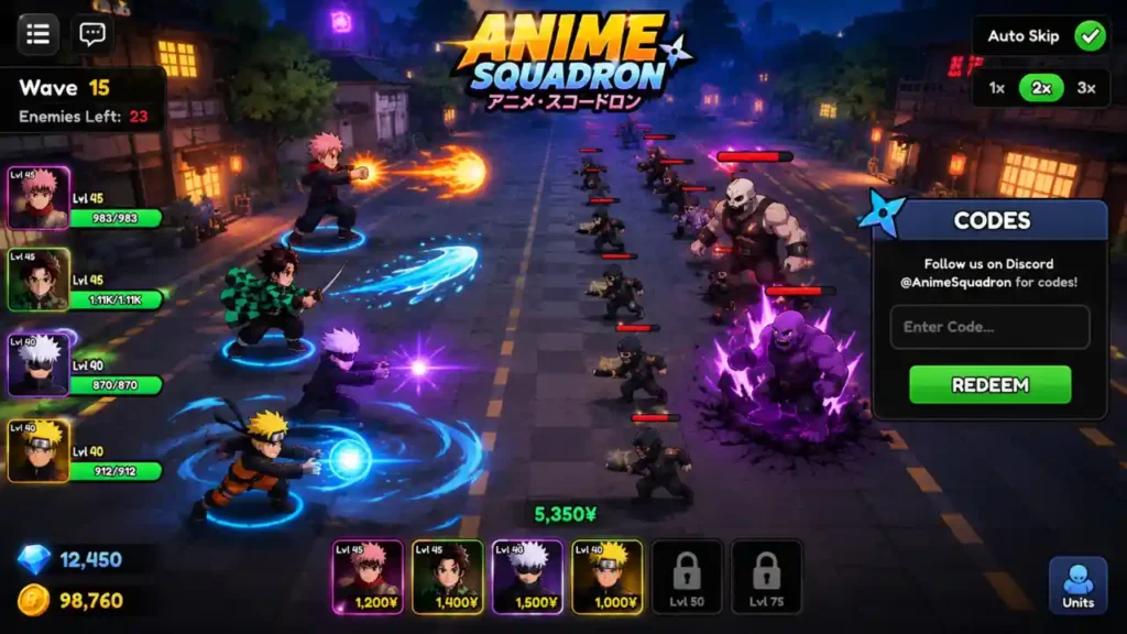 Anime Squadron codes - squad battling enemy waves in a lane