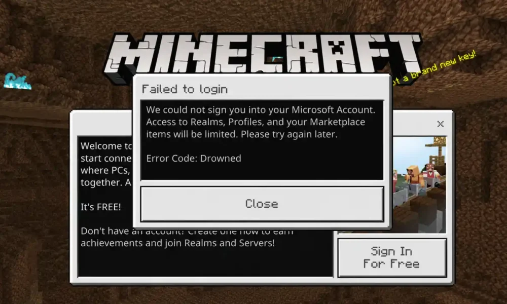 Minecraft drowned error code sign-in failure message on PS5