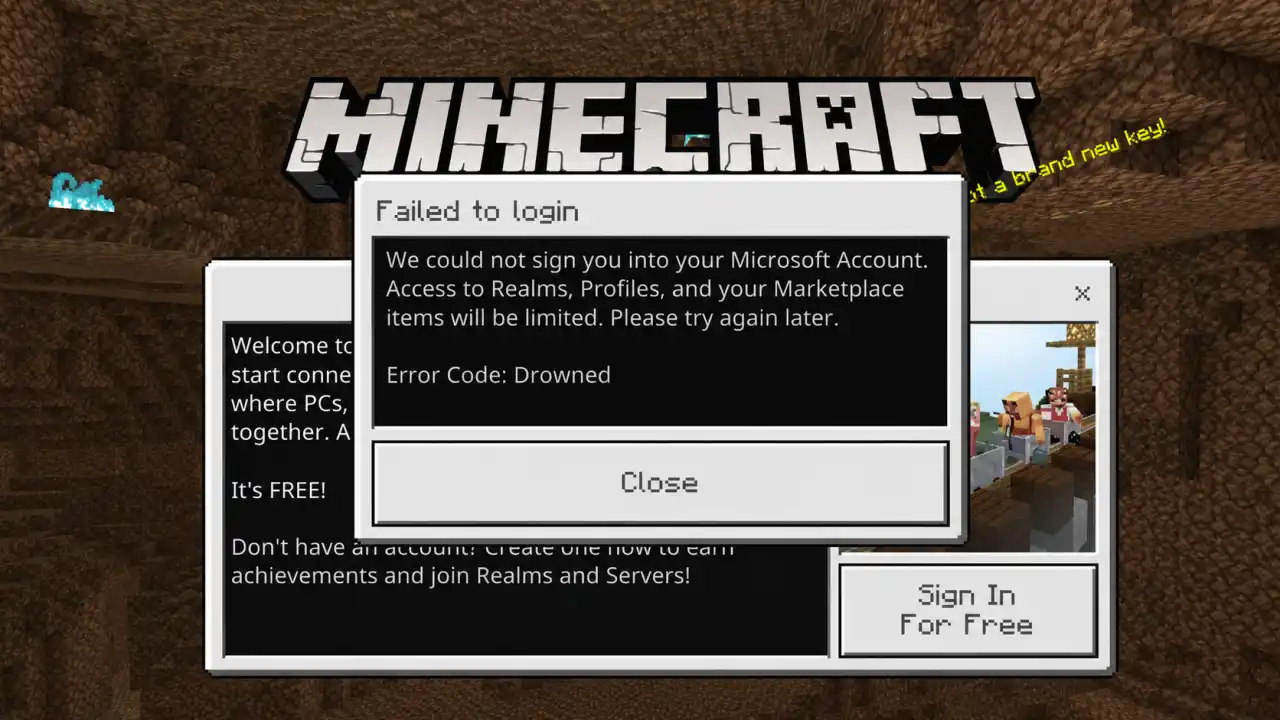 Minecraft drowned error code sign-in failure message on PS5