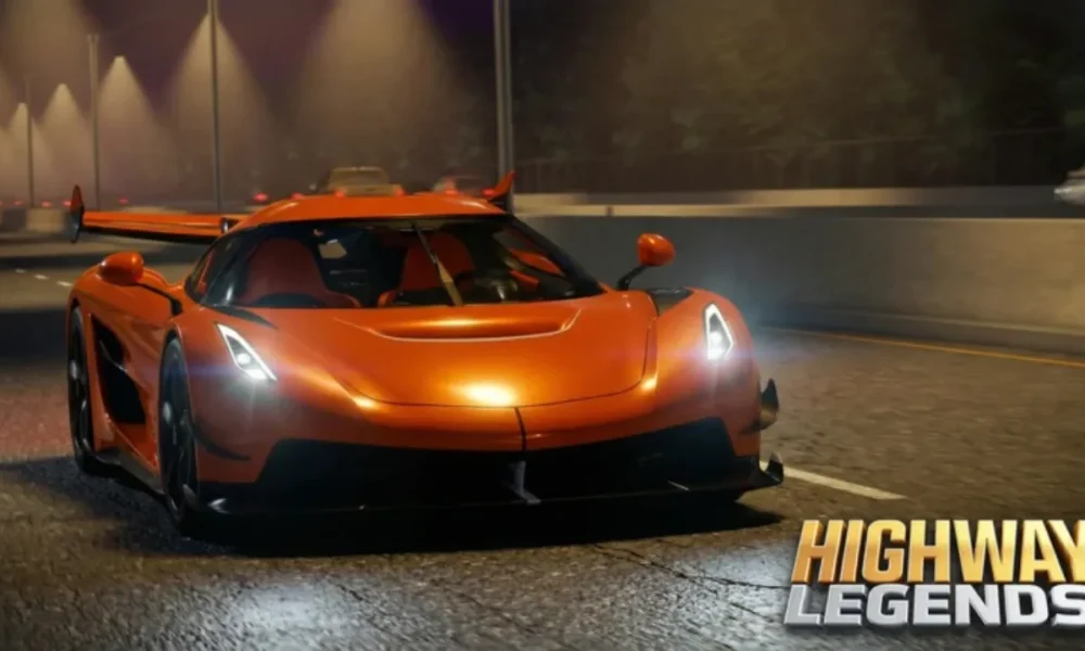 Highway Legends codes - a customized sports car driving on a busy Roblox highway
