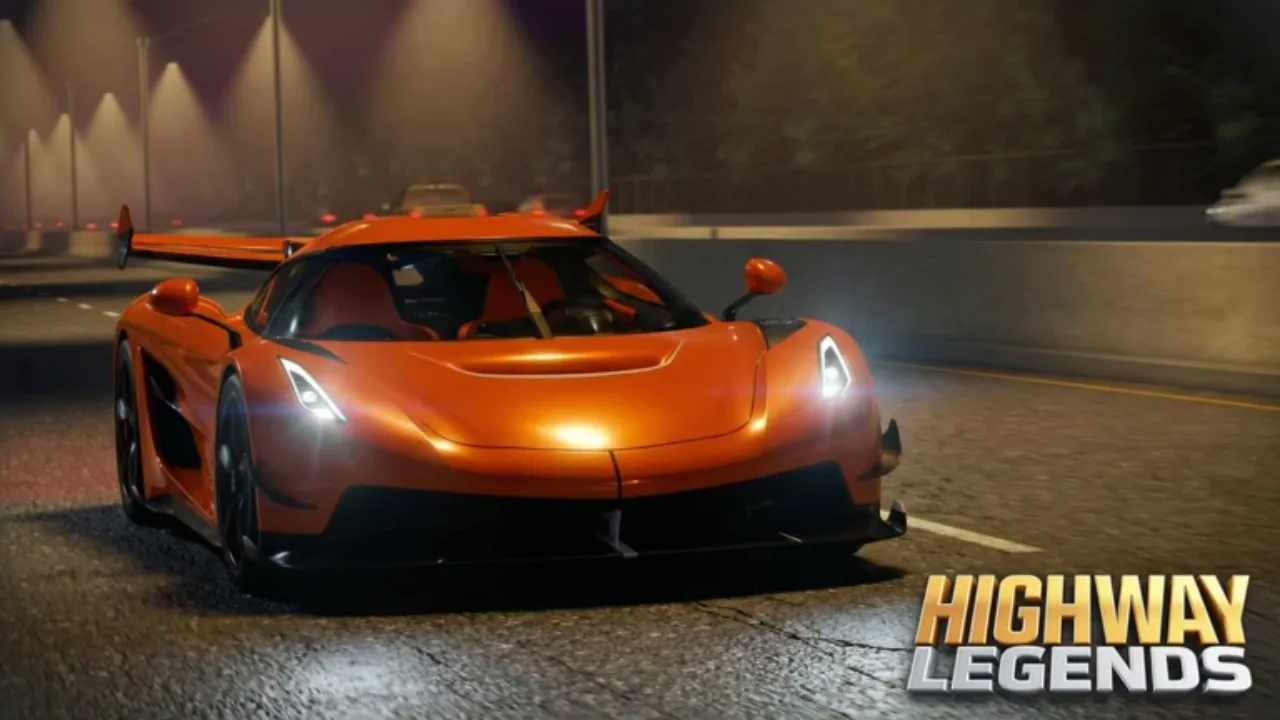 Highway Legends codes - a customized sports car driving on a busy Roblox highway