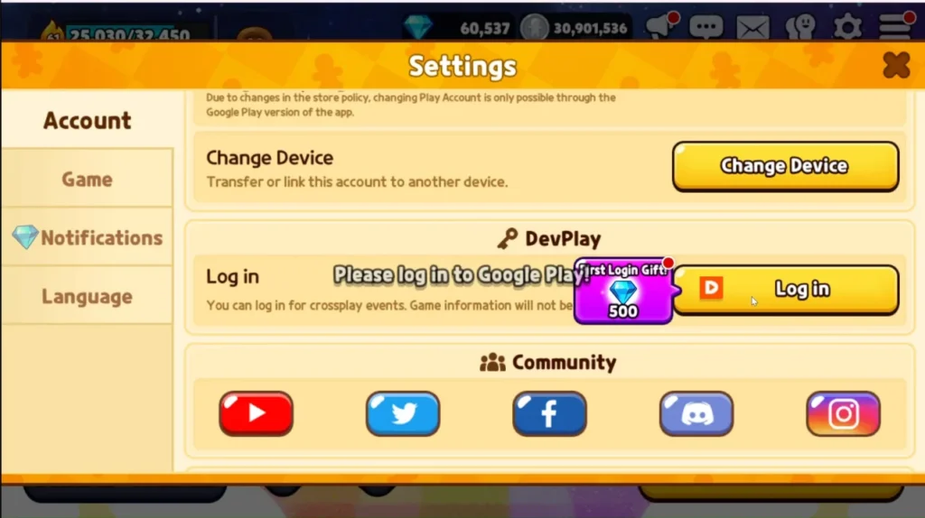 Cookie Run Kingdom redeem codes - Settings Info tab showing the DevPlay account name