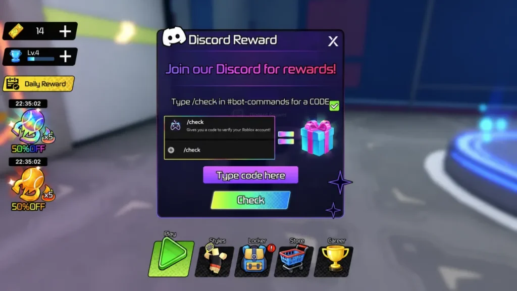 Neo Tennis Roblox - code redemption menu with purple text entry box