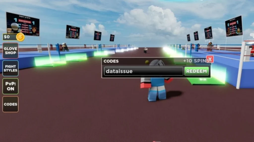 Untitled Boxing Game codes menu showing the code entry box on the left side