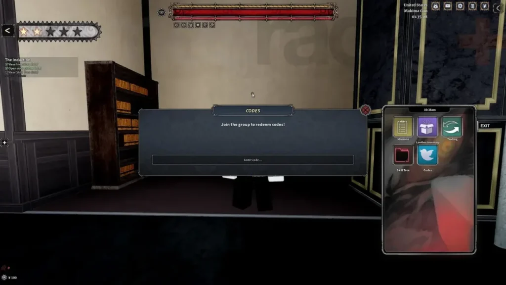 Devil Hunter codes menu showing the redeem code input screen