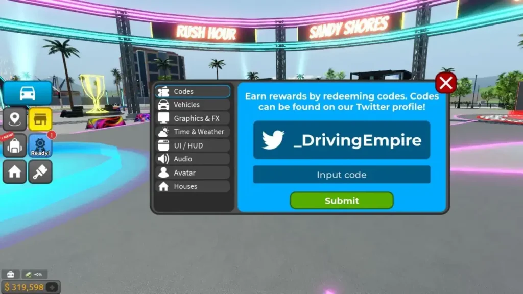 Driving Empire codes redemption screen in the settings menu