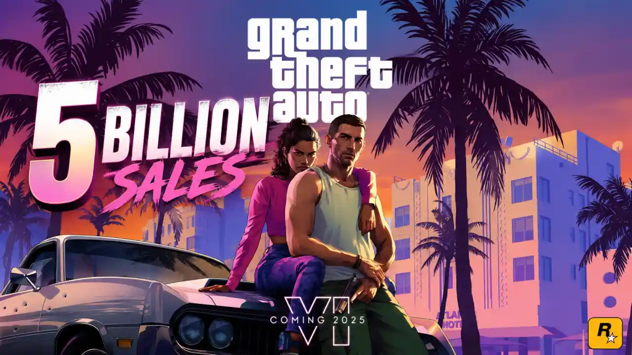 GTA 6 Vice City artwork with sales chart showing $5 billion launch week projection