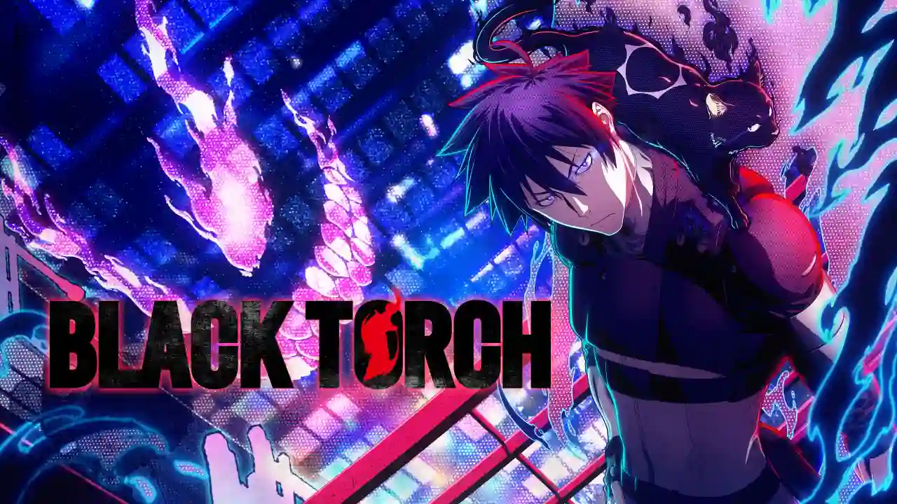 Black Torch anime key visual showing Jiro Azuma and the cat Rago