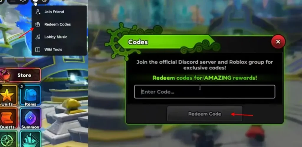 Anime Expeditions - Redeem Codes menu open in-game